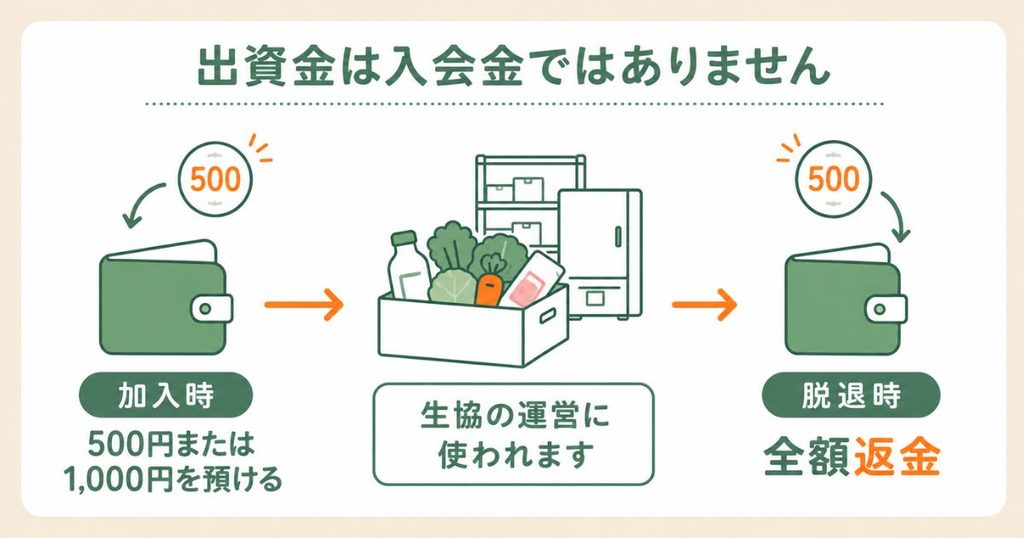 コープデリの出資金は入会金ではなく、加入時に500円または1,000円を預け、生協の脱退時に全額返金されることを示した図