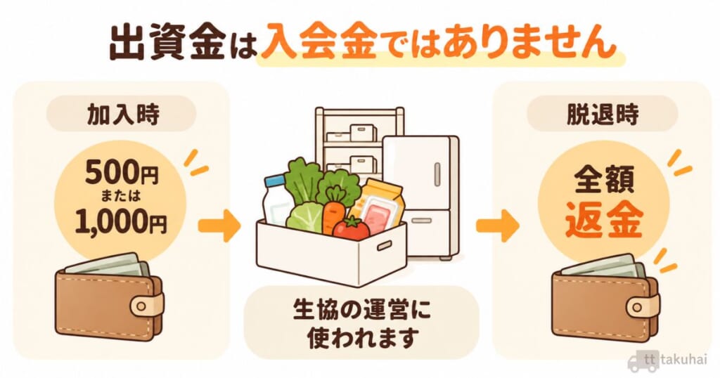 コープデリの出資金は入会金ではなく、加入時に500円または1,000円を預け、生協の脱退時に全額返金されることを示した図