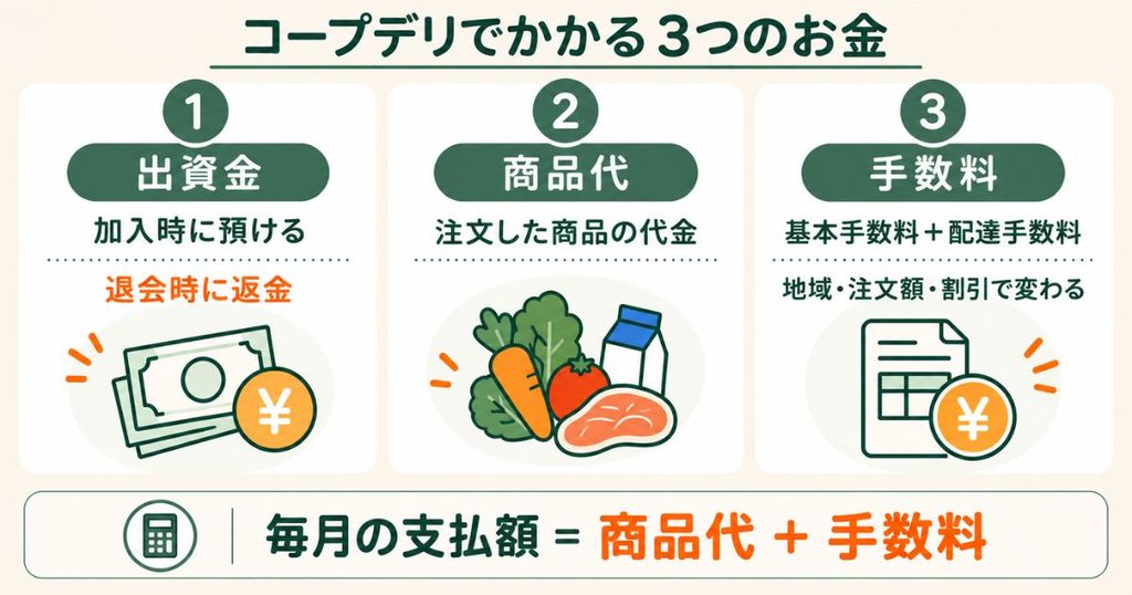 コープデリでかかる3つのお金の図