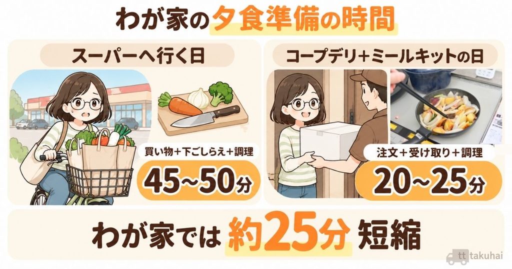 - わが家の夕食準備時間の比較。晴れた日に自転車でスーパーへ行く場合は45〜50分、コープデリとミールキットを使う場合は事前の注文5分を含め20〜25分で、約25分短縮。