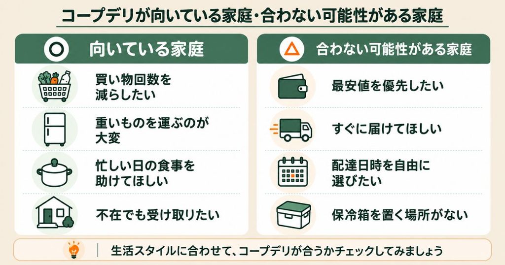 コープデリが向いている家庭と合わない可能性がある家庭の比較