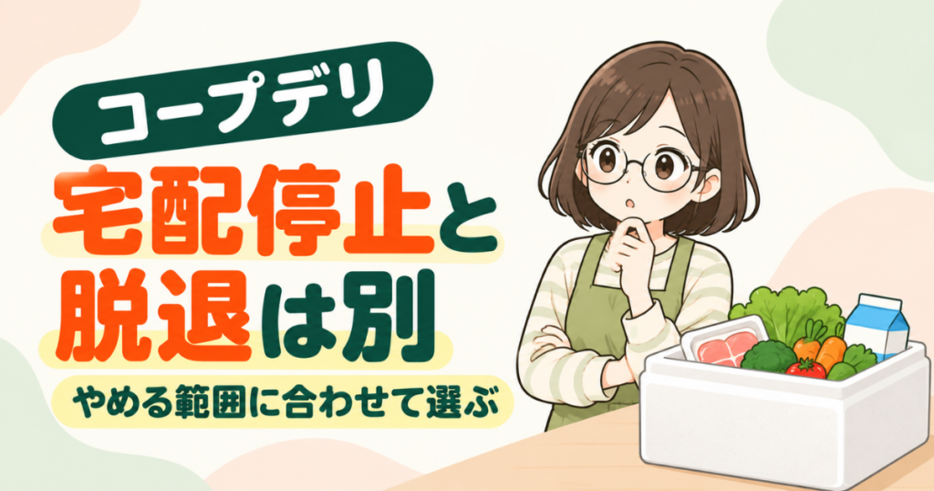 コープデリの宅配停止と脱退の違いを伝えるアイキャッチ。食材の入った宅配箱を前に、やめ方を考える女性のイラスト。