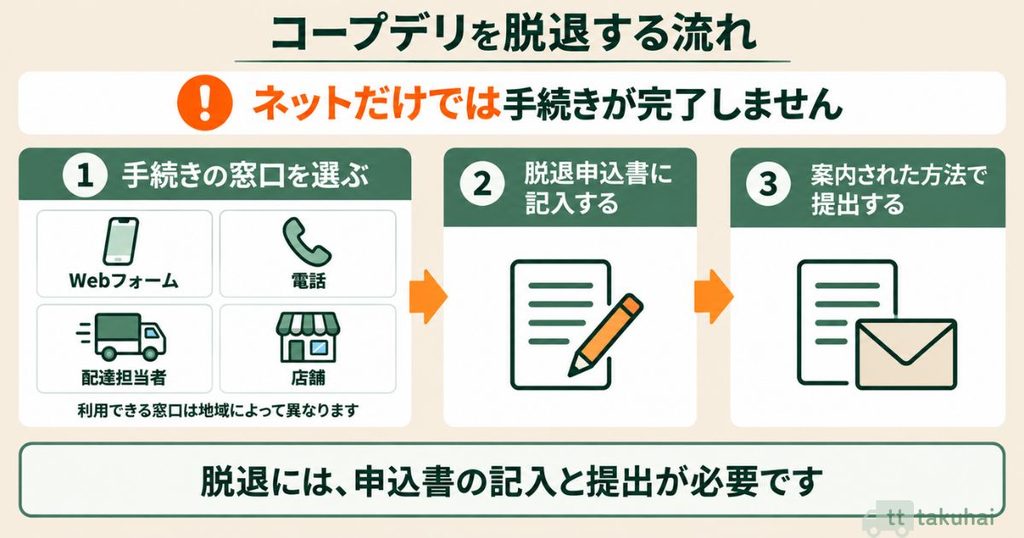 コープデリを脱退するときに、窓口を選び、脱退申込書に記入して提出するまでの流れ