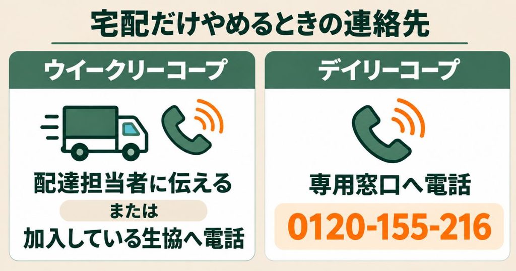 ウイークリーコープは配達担当者または加入している生協へ連絡、デイリーコープは専用窓口へ電話して宅配をやめる