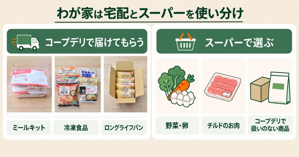 コープデリとスーパーの買い分け。ミールキット・冷凍食品・ロングライフパンは宅配、野菜・卵・チルドのお肉などはスーパーで購入。