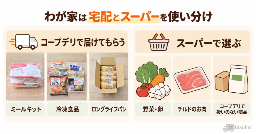 コープデリとスーパーの買い分け。ミールキット・冷凍食品・ロングライフパンは宅配、野菜・卵・チルドのお肉などはスーパーで購入。