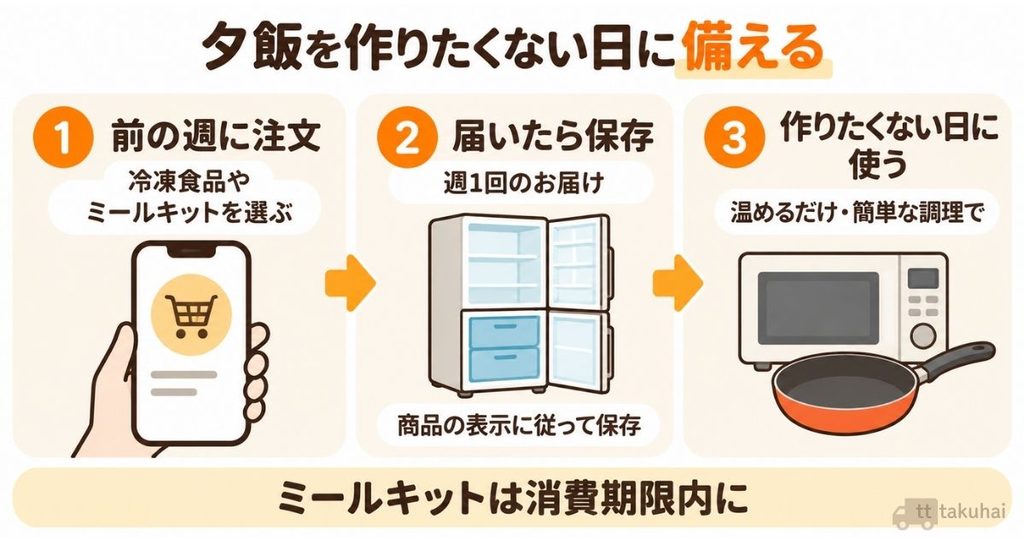コープデリで夕飯を作りたくない日に備える流れ。前の週に注文し、週1回届く食品を冷蔵・冷凍保存して、必要な日に調理する。ミールキットは消費期限に合わせて使用。