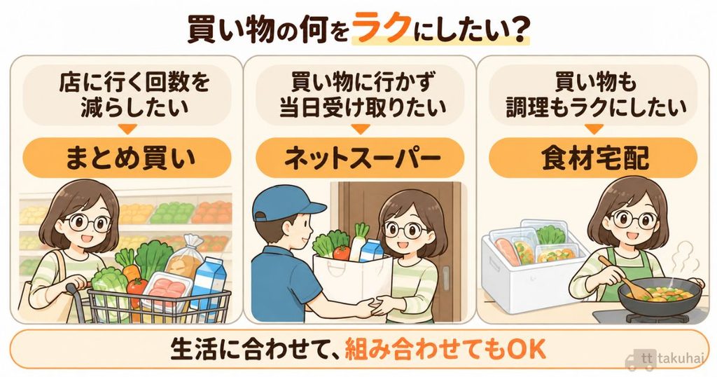 買い物の負担を減らす3つの方法。まとめ買いで店に行く回数を減らし、ネットスーパーや食材宅配で買い出しを任せる。生活に合わせて組み合わせてもOK。