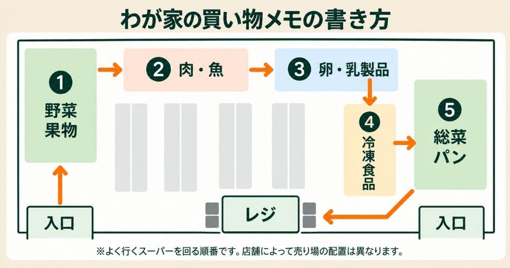 野菜・果物から肉・魚、卵・乳製品、冷凍食品、パンの順に回る買い物メモの図