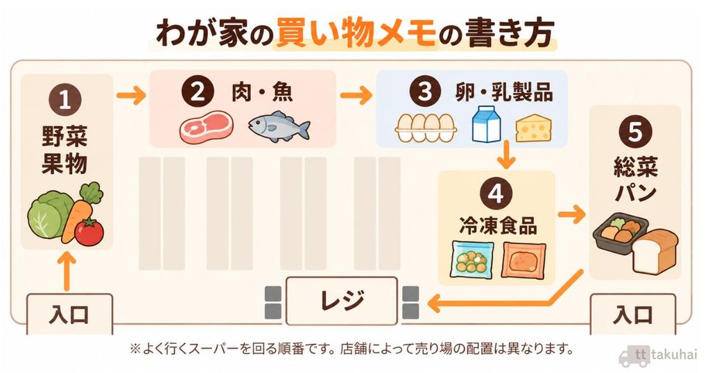 野菜・果物から肉・魚、卵・乳製品、冷凍食品、パンの順に回る買い物メモの図
