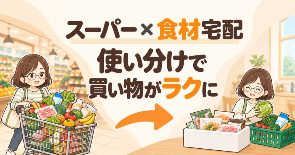 買い物かごがいっぱいで困る場面と、スーパーと食材宅配を使い分ける場面を比較したイラスト