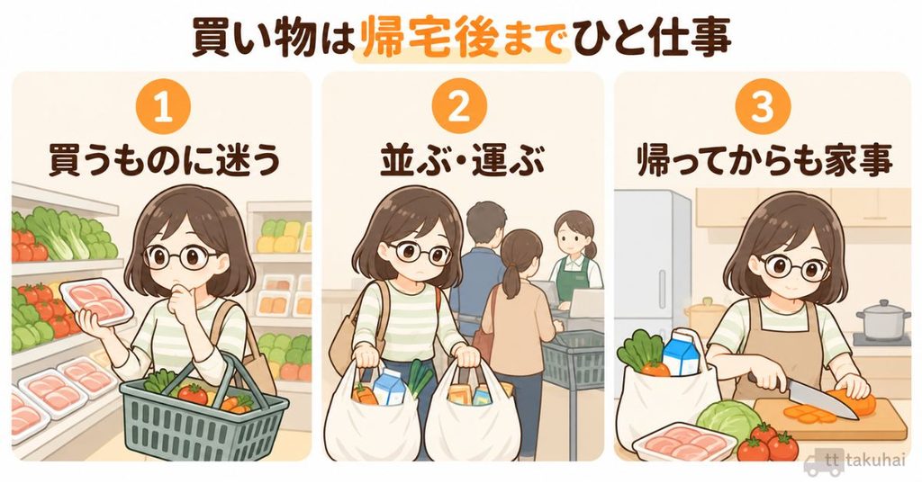 買い物で負担だった3つの場面。売り場で買うものに迷い、レジ待ちや重い荷物の持ち帰りを経て、帰宅後も食材の片づけと夕飯づくりが続く様子。