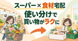 買い物かごがいっぱいで困る場面と、スーパーと食材宅配を使い分ける場面を比較したイラスト