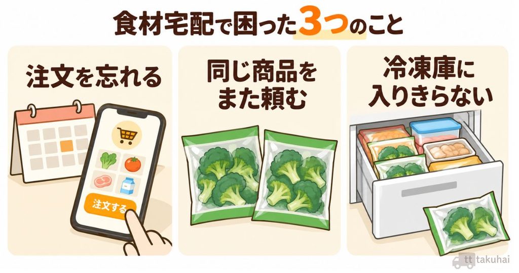 食材宅配で注文を忘れる、前の週と注文が重なる、冷凍庫がいっぱいになる困りごとをまとめた図
