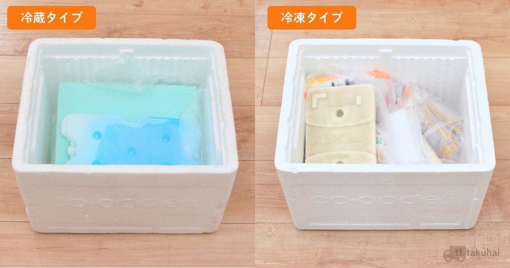 コープデリの保冷箱。左が冷蔵タイプで、発泡スチロールの箱に青と緑の保冷剤が入っている。右が冷凍タイプで、保冷剤と一緒に冷凍食品が入っている