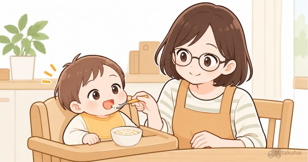 離乳食期の赤ちゃんに、ミニうどんを食べさせている母親のイメージイラスト