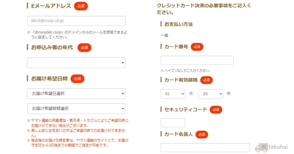 お試しセット申し込みフォームで、メールアドレス、年代、カード支払い、お届け希望日時を選ぶ画面