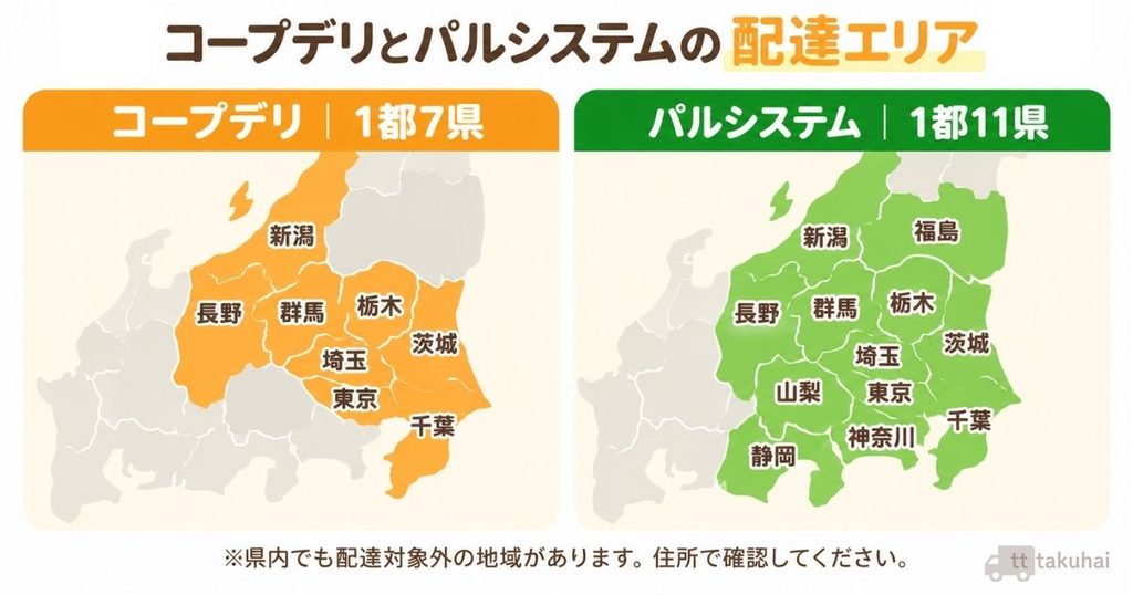 コープデリは1都7県、パルシステムは神奈川・静岡・山梨・福島を加えた1都11県。県内でも対象外地域があることを示す比較図