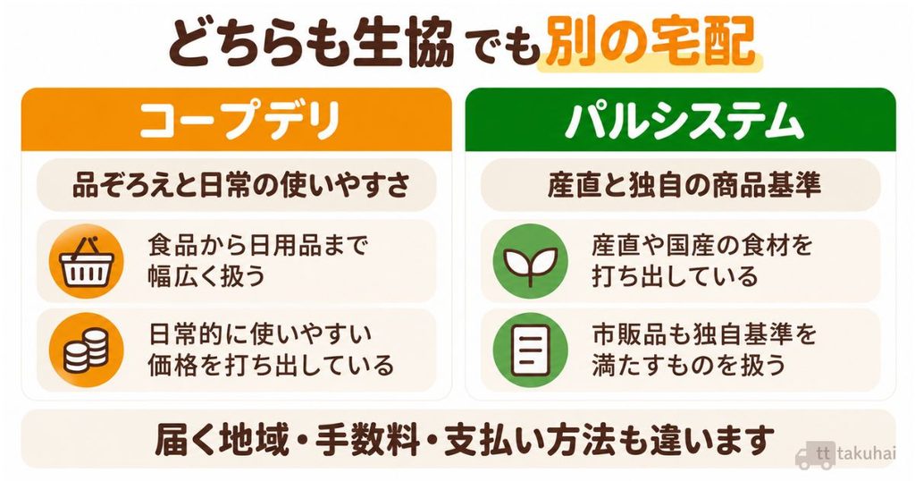 コープデリとパルシステムは、どちらも生協の宅配ですが、運営する団体が異なり、商品の特徴や利用条件にも違いがあります。